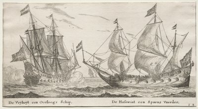 Olika fartyg och utsikter över Amsterdam (Verscheÿde Schepen en Gesichten van Amstelredam), del II: Friheten, en krigsman. Varghunden, ett spanskt fartyg av Clement de Jonghe