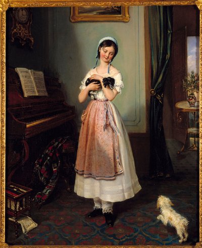 En ung flicka i en borgerlig interiör med två hundar. Målning av Clementine de Bar (1807-1856) 1800-talets Paris, Galerie Garoche av Clementine de Bar