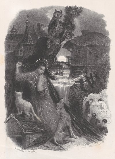 Natt, vinjett av flicka i 1700-talskostym som plockar rosor på tergo, ca. 1830-65. av Célestin Nanteuil