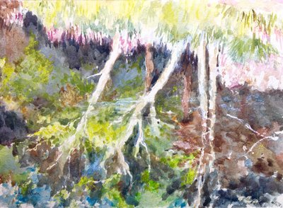 Woodland reflektioner, Silver Lake, 2017 (akvarell) av Clive Wilson