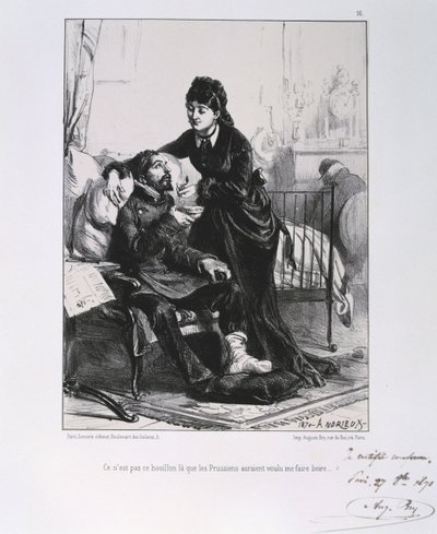 Fransk-preussiska kriget 1870-1871: En skadad soldat vårdas och får näring. Från en serie litografier av Clement August Andrieux om Gardes Nationales. av Clément Auguste Andrieux