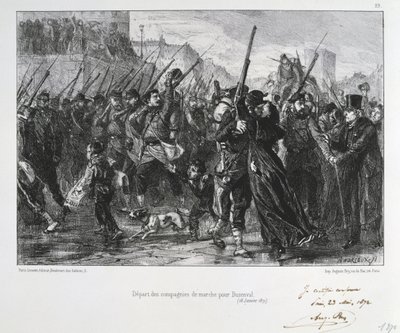 Fransk-preussiska kriget 1870-1871: Slaget vid Buzenval (berget Valerien) nära Versailles 19 januari 1871. Garde National marscherar till strid och nederlag. Från en serie litografier av Clement August Andrieux om Gardes Nationales. av Clément Auguste Andrieux