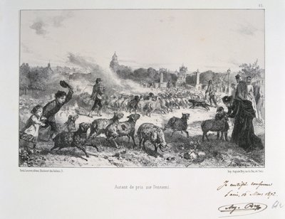 Fransk-preussiska kriget 1870-1871: Driv bort en flock får för att neka dem att falla i preussarnas händer. Från en serie litografier av Clement August Andrieux om Gardes Nationales. av Clément Auguste Andrieux