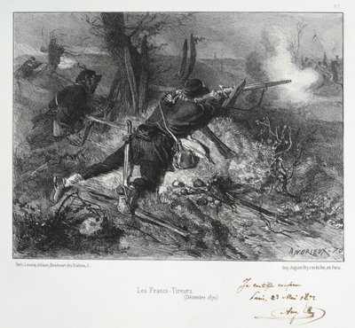 Fransk-preussiska kriget 1870-1871: Franska gevärsmän. Från en serie litografier av Clement August Andrieux om Gardes Nationales. av Clément Auguste Andrieux