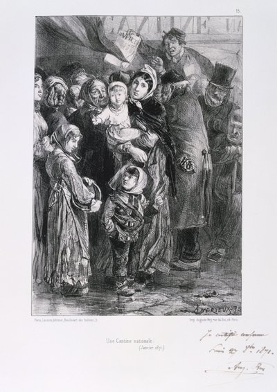 Fransk-preussiska kriget 1870-1871. Belägring av Paris 19 sept 1870-28 januari 1871. Ett nationellt soppkök i Paris, januari 1871. Ur en serie litografier av Clement August Andrieux på Gardes Nationales. Matbrist Hunger av Clément Auguste Andrieux