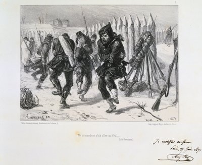 Fransk-preussiska kriget 1870-1871. Belägring av Paris 19 sept 1870-28 jan 1871. Soldater på vallarna hoppar omkring för att hålla värmen. Från en serie litografier av Clement August Andrieux om Gardes Nationales. av Clément Auguste Andrieux