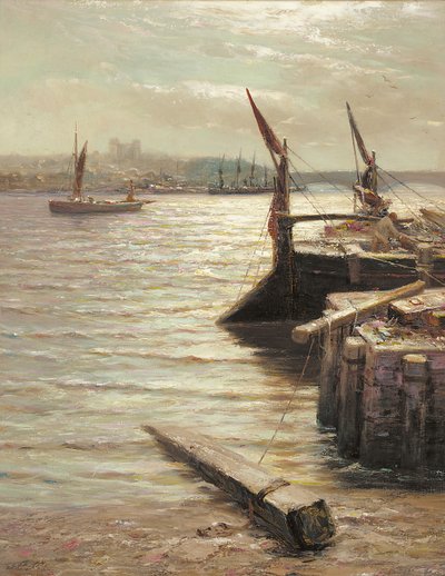 Pråmar förtöjda vid flodstranden av Colin Hunter