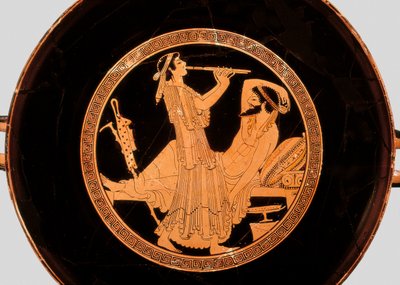 Bankett- och dubbelflöjtspelare, detalj från kylix eller Attic rödfigurskopp, ca 490 f.Kr. (terrakotta) av Colmar Painter
