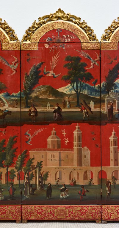 Biombo with Views of Mexico City (olja på röd maki-e-lack på panel, med förgyllda träfästen och linnebaksida) av Colonial Spanish