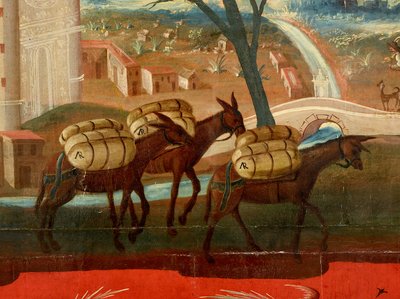 Biombo with Views of Mexico City (olja på röd maki-e-lack på panel, med förgyllda träfästen och linnebaksida) av Colonial Spanish