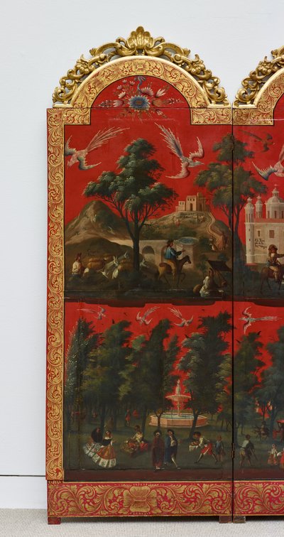 Biombo with Views of Mexico City (olja på röd maki-e-lack på panel, med förgyllda träfästen och linnebaksida) av Colonial Spanish