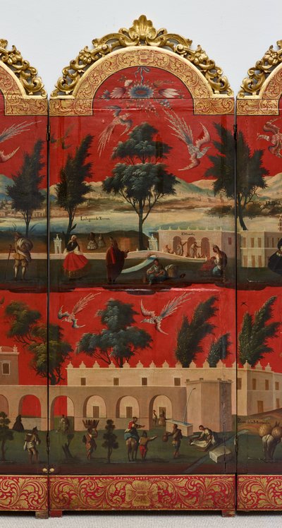 Biombo with Views of Mexico City (olja på röd maki-e-lack på panel, med förgyllda träfästen och linnebaksida) av Colonial Spanish