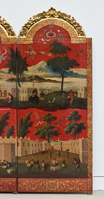 Biombo with Views of Mexico City (olja på röd maki-e-lack på panel, med förgyllda träfästen och linnebaksida) av Colonial Spanish
