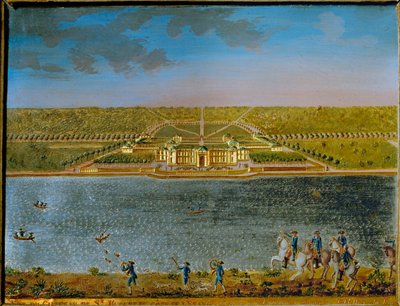 St. Hubert, en jaktslott nära Paris, byggd av Ludvig XV ... (rektangulär tennplatta, förgylld och gouacherad) av Compigne Compigne