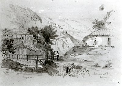 Bergers hus, Valparaiso, 1834 (penna och wc på papper) (bw foto) av Conrad Martens