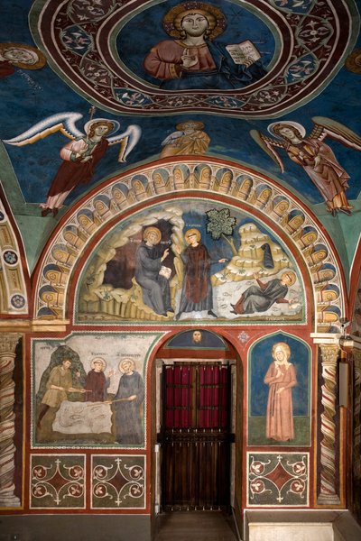 Olika episoder av Saint Benoits liv: i centrum "The miracle of Saint Placide"" Saint Benoit of Nursie, tack vare Saint Maurs ingripande, hans första lärjunge, räddar den unge Placide som fångas i strömmen av en sjö. Nedan är miraklet av Consolo