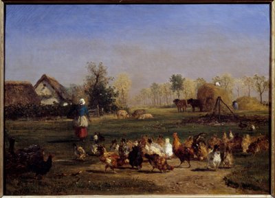 La provende des hens La basse cour (Basse-cour). Målning av Constant Troyon (1810-1865) 1800-talets sön. 0,51x0,7 m - Förfödaren av höns. Gårdsgården. Målning av Constant Troyon (1810-1865) av Constant Emile Troyon