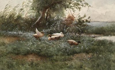 Ducks by a Pond (olja på duk) av Constant Artz