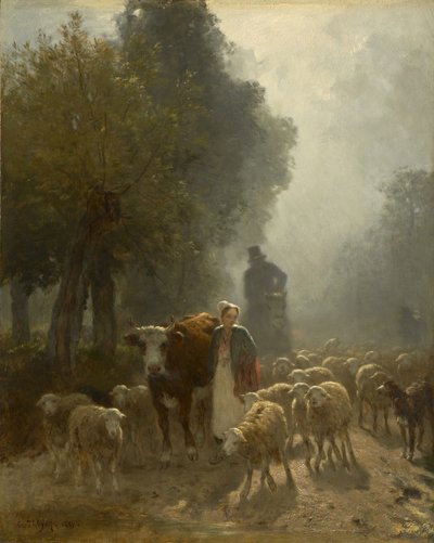 Går till marknaden på en dimmig morgon, 1851 av Constant Emile Troyon