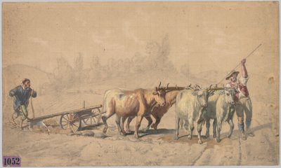 Fyra oxar som drar en plog, 1853. av Constant Troyon