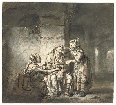 Lot och hans döttrar (1 Mosebok 19:33) (svart och röd krita, penna och brunt bläck) av Constantin Daniel van Renesse