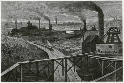 Kolbrytning och terrils (aspekter av contree boraine). Gravyr av Constant Meunier, för att illustrera berättelsen "" Belgien", av Camille Lemonnier (1844-1913) belgisk författare. Publicerad i Le Tour du monde, nouveau journal des voyages, 2:a terminen 188 av Constantin Emile Meunier