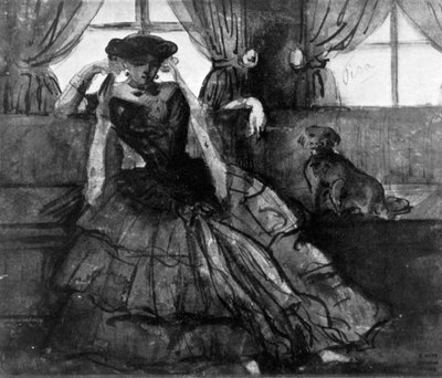 En dam med sin hund, 1800-talet, 1930. av Constantin Guys