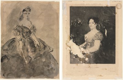 På balen (recto); Kvinnan med ett fan, efter Goya (verso) av Constantin Guys