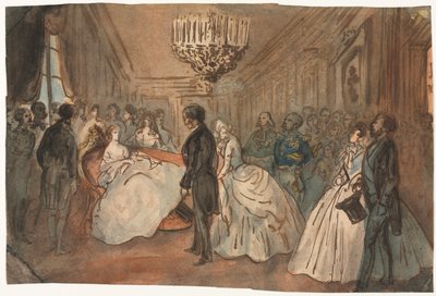 Kejsarinnan Eugenie tar emot den diplomatiska kåren efter den kejserliga prinsens födelse, 1800-talet. av Constantin Guys