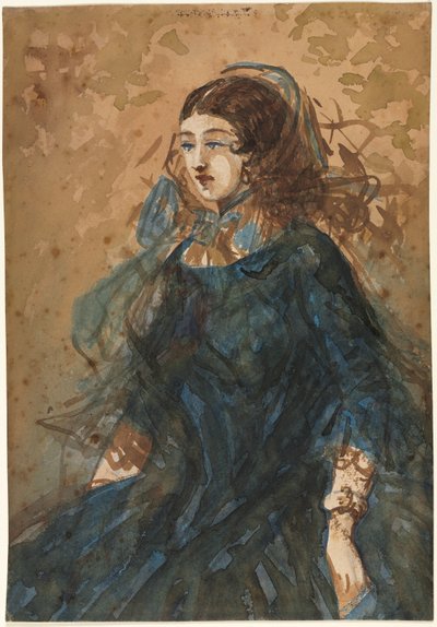 Kvinna i en blå klänning recto, krigslägerscenen, 1855-1860. av Constantin Guys