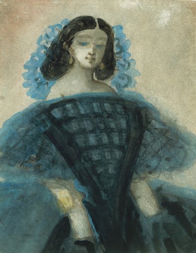 Ung kvinna i en blå och svart klänning, ca. 1863 . av Constantin Guys