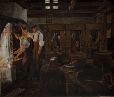 Interiören av den gamla hammarkvarnen i Hellebæk av Constantin Hansen
