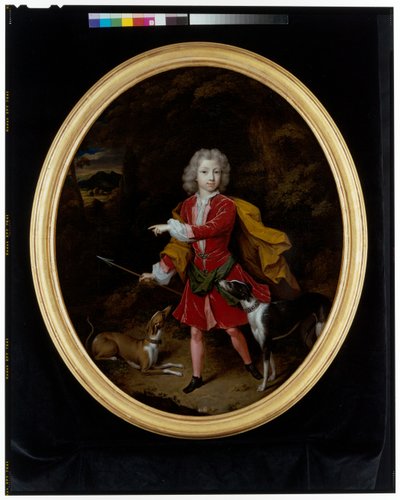 Ett porträtt av en ung man med ett par jakthundar i ett skogslandskap av Constantin Netscher