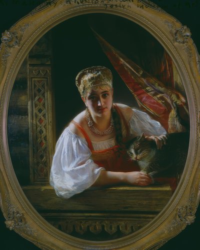 Rysk skönhet med katt av Constantine Egorovitch Makovsky