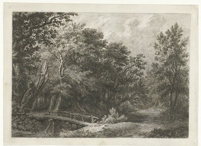 Skogsutsikt med träbro av Constantinus Cornelis Huysmans