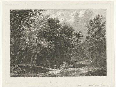 Skogsutsikt med träbro av Constantinus Cornelis Huysmans