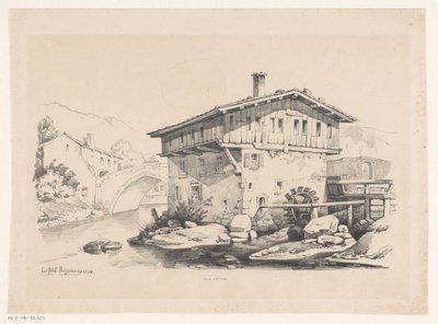 Hus och vattenkvarn i bergsby The Landscape (serietitel) av Constantinus Cornelis Huysmans