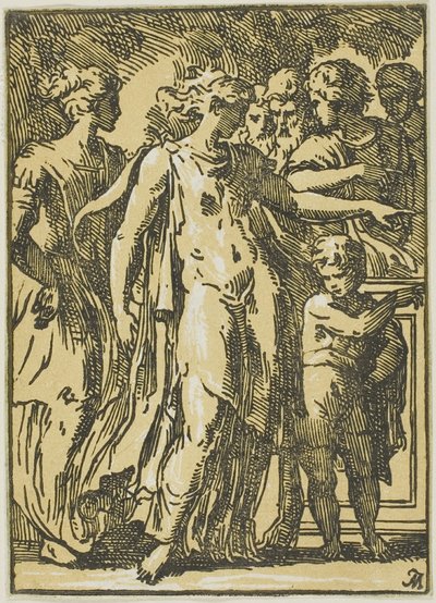 En kvinna, ett barn och figurer runt en piedestal av Conte Antonio Maria Zanetti the Elder