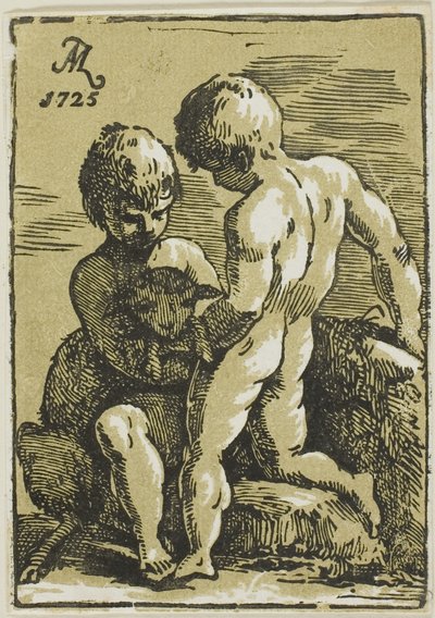 Två barn klappar ett lamm av Conte Antonio Maria Zanetti the Elder