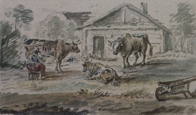 Boskap som står framför en stuga av Copplestone Warre Bamfylde