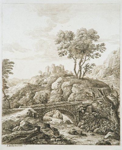 Landskap med slott (etsning på papper) av Copplestone Warre Bamfylde