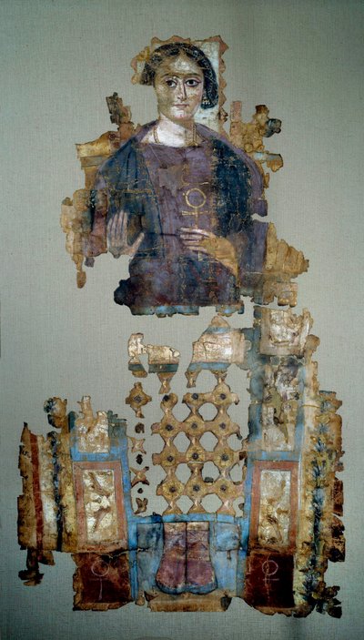 Koptisk konst: fragment av målat linnehölje som föreställer en ung kvinna kallade damen ett kors ansee. Från Antinoupolis. 4:e århundradet e.Kr. Paris, Louvren av Coptic Coptic