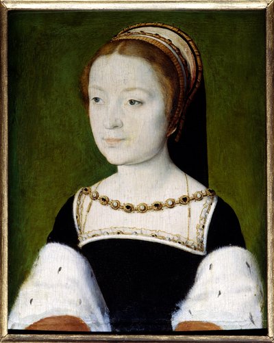 Porträtt av Madeleine av Frankrike (1443-1495), äldsta dotter till Francois I, drottning av Skottland, första fru till Jacques V. Målning av Corneille De Lyon (Corneille de La Haye) (1500/1510-1574). Olja på trä. Mått: 0,22 x 0,31. Versailles, Musee Du Cha av Corneille de la  Haye