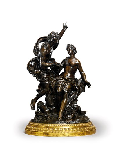 En Louis XIV bronsgrupp som representerar Bacchus och Ariadne, ca. 1704 (brons med förgylld bas) av Corneille van Cleve