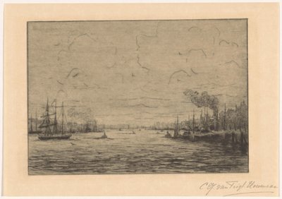 Utsikt över Maas nära Rotterdam av Cornelia Christina Johanna van Trigt Hoevenaar (signed by artist)