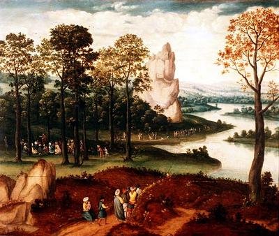 Ett vidsträckt trädbevuxet flodlandskap med Johannes Döparen som predikar av Cornelis (after) Massys