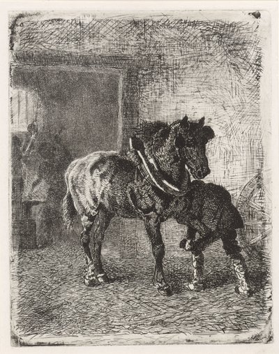 Häst får hästskor i en smedja av Cornelis Albertus Johannes Schermer