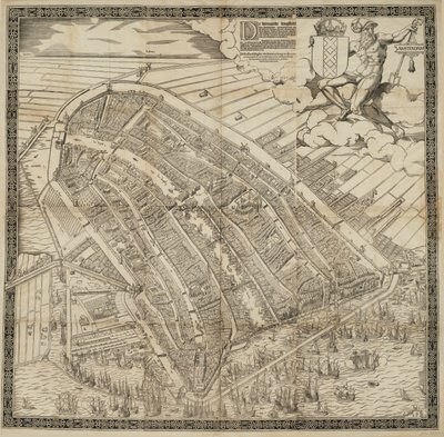 Tyska: Die berühmte Handelsstadt Amsterdam
Nederländska: De vermaerde koopstadt van Amstelredam av Cornelis Anthonisz.