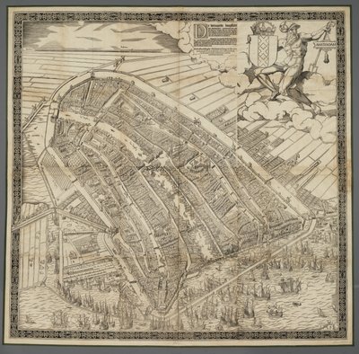 Tyska: Die berühmte Handelsstadt Amsterdam
Nederländska: De vermaerde koopstadt van Amstelredam av Cornelis Anthonisz.