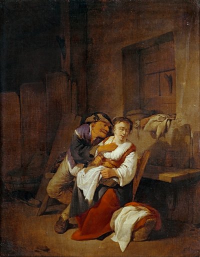 Gammal man brottas med en ung kvinna i en interiör ... av Cornelis Bega